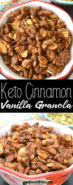 keto cinnamon vanilla granola in a red and white bowl with the title above it