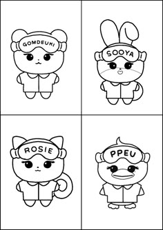 four different coloring pages with cartoon animals in the middle and one on the left side