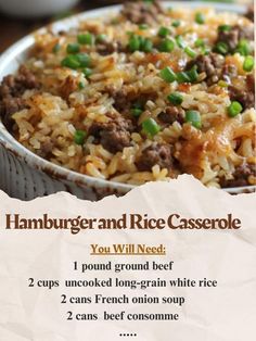 the recipe for hamburger and rice casserole is shown