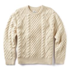 Aran Cable Crewneck Sweater Classic Textured Knit Sweater, Classic Wool Crew Sweater, Classic Wool Crew Neck Sweater, Classic Crew Neck Wool Sweater, Classic Cream Sweatshirt For Winter, Flint And Tinder, Crew Neck Sweaters, Stylish Sweaters, Knit Crewneck