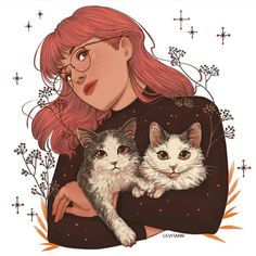 a woman with red hair holding two cats in her arms and looking at the camera