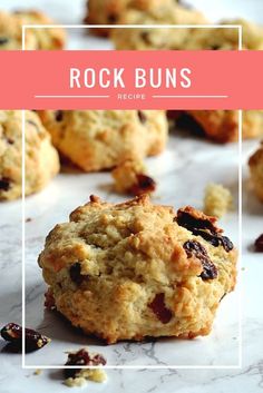 a close up of some cookies on a table with the words rock buns behind it