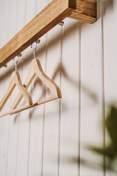 two wooden clothes hangers attached to a white wall with a green plant in the foreground