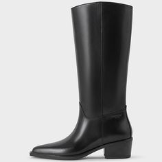 Black leather pointed knee high boots Black Leather Tall Boots, Tall Black Leather Boots, Knee High Western Boots, Vagabond Shoemakers, Decorative Seams, Tall Black Boots, Leather Tall Boots, Swedish Brands, Black Boots Tall