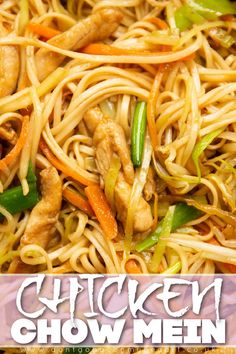 chicken chow mein with noodles, carrots and green peppers