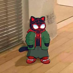 a cartoon character wearing a spider - man mask and green jacket, standing on the floor