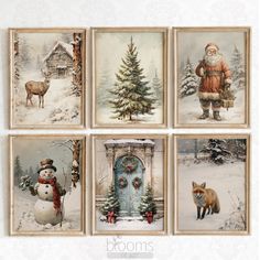 four christmas cards with santa claus, snowman, deer, and other holiday items