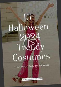 a woman on a skateboard with her arms in the air and text that reads, halloween