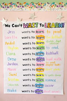 we can't wait to learn poster hanging on the wall in front of a bulletin board