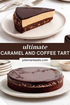 the ultimate chocolate caramel and coffee tart cake is ready to be cut into pieces