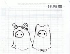 a drawing of two piggy heads on top of each other in front of a graph paper