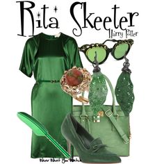 a woman in green dress and sunglasses with handbag on her shoulder, shoes and purse