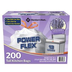 a box of power flex trash bags with purple flowers in the bag and ribbon tied around it