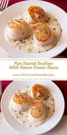 two white plates topped with scallops covered in cream sauce