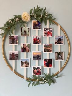 a wall hanging with photos and greenery on it, in the shape of a circle