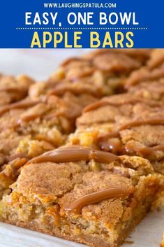 cinnamon apple bars with text overlay that says easy, one bowl cinnamon apple bars made in just one mixing bowl