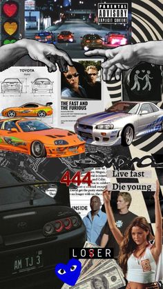 a collage of photos with cars, money and people in the background is featured