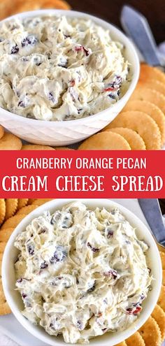 cranberry orange pecan cream cheese spread with crackers in the foreground