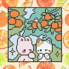 an image of a cross stitch pattern with oranges and cats in the background,