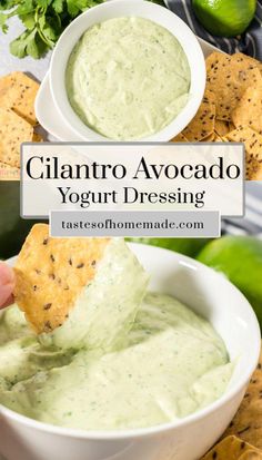 a hand dipping a tortilla chip into a bowl of cilantro avocado yogurt dressing