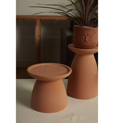 two clay pots sitting on top of a table next to a potted palm tree