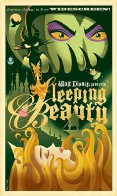 the poster for sleeping beauty is shown in green and orange colors, with an image of a