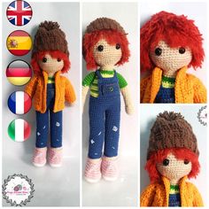 the doll has red hair and is wearing overalls