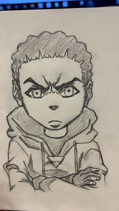 a drawing of a boy with big eyes and a hoodie over his head is shown