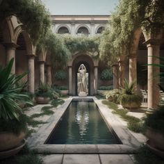 an outdoor fountain in the middle of a courtyard with potted plants and greenery