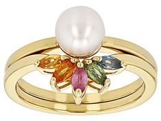 6-6.5mm White Cultured Freshwater Pearl & Multicolor Sapphire 18k Gold Over Sterling Silver Ring Set. Band ring measures approximately 1/4" L x 1/2" W. Pearl ring measures approximately 1/4" L x 1/4" W and is not sizeable. Colors, shapes, and sizes may vary. Anniversary Yellow Gold Multi-stone Pearl Ring, Yellow Gold Multi-stone Round Pearl Ring, Yellow Gold Multi-stone Pearl Ring, Sterling Silver Rings Set, Silver Ring Set, Pearl Ring, Band Ring, Ring Set, Sterling Silver Ring