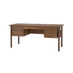 the desk is made from wood and has two drawers on one side, and an open drawer