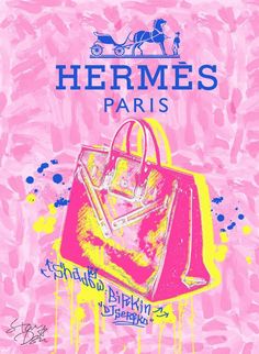 a pink and yellow poster with the words hermes paris on it's side