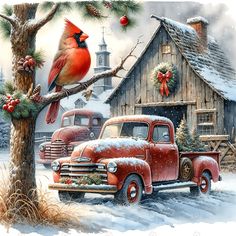 a painting of an old red truck with a cardinal on it