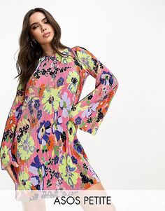 ASOS DESIGN Petite mini plisse dress with flared sleeve in pink floral print | ASOS Pink Pleated Long Sleeve Mini Dress, Spring Mini Dress With Pink Pleated Sleeves, Spring Pink Mini Dress With Pleated Sleeves, Spring Midi Dress With Bell Sleeves And Pleated Details, Spring Midi Dress With Bell Sleeves And Pleats, Spring Floral Print Dress With Bell Sleeves, Spring Floral Print Bell Sleeve Dresses, Spring Bell Sleeve Floral Print Dress, Spring Floral Print Mini Dress With Bell Sleeves