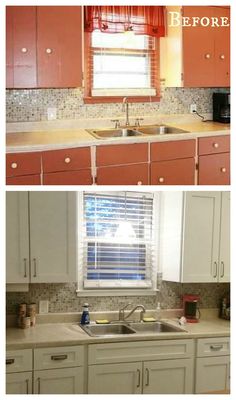 before and after pictures of a kitchen with white cabinets, light pink countertops, and red curtains