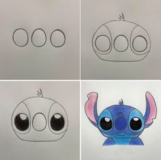 four different drawings of stitcher from the disney movie, stitchers are drawn on paper