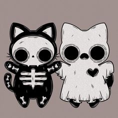 two cute little cats with skeleton bones on their backs, one is black and the other is white