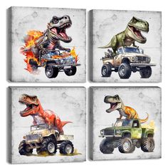 four different pictures of dinosaurs riding on trucks