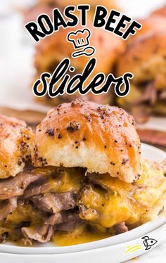 roast beef sliders on a plate with the title overlay reads roast beef sliders