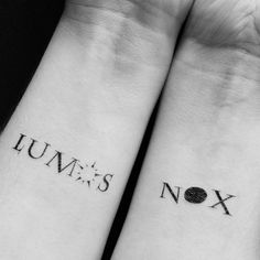 two wrist tattoos with the words nox and num's written on them