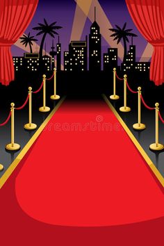 a red carpet with gold barriers and roped off stances in front of a cityscape royalty illustration