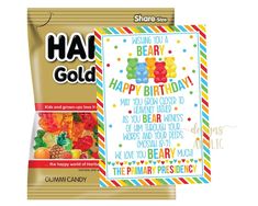 a bag of gummy bears with the words happy birthday on it