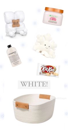 the contents of a white basket are shown