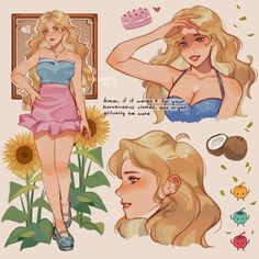 a drawing of a woman with blonde hair and sunflowers in front of her