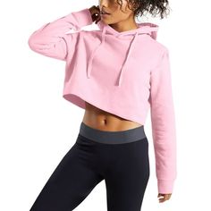 The cropped hoodie makes it fast and easy to pull over your head whether you are relaxing at home or heading out. The snug hood will stay secure on your head and keep you warm. This hoodie does not make you look bulky, making it also a great layering piece to match with bomber jackets. Size: S.  Color: Pink.  Gender: female.  Age Group: adult. Comfortable Hooded Sweatshirt For Workout, Casual Cropped Winter Activewear, Comfortable Hooded Workout Tops, Sporty Hooded Cropped Sweater With Drawstring, Sporty Cropped Hooded Sweater With Drawstring, Winter Athleisure Cropped Sweater With Drawstring Hood, Sporty Long Sleeve Cropped Sweater With Drawstring Hood, Casual Cropped Hooded Sweater With Drawstring, Hooded Cropped Cotton Sweater With Drawstring