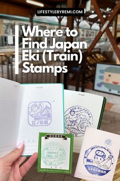 someone holding an open book in their hand with the title where to find japan elk train stamps