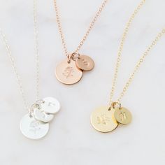 14k Gold Filled Sterling Silver or 14k Rose Gold Filled Rose and Initial Necklace. This personalized necklace features our hand stamped Rose on a medium disc and initial on a small disc. Makes for a beautiful and meaningful gift! …………………………………. Details: Available in 14K Gold Filled, Sterling Silver or Rose Gold Filled Pendant measures 12.7mm and 9mm Size inclusive and made to order just for you Waterproof and can be worn all the time Average necklace length is 18" About Your Jewelry If you are n Rose Gold Round Name Necklace For Wedding, Dainty Engraved Rose Gold Initial Necklace, Dainty Rose Gold Round Pendant Name Necklace, Rose Gold Round Name Necklace For Mom, Rose Gold Round Name Necklace As Gift For Mom, Rose Gold Round Name Necklace As Mom's Gift, Elegant Rose Gold Hand Stamped Necklace, Rose Gold Round Disc Charm Necklace For Anniversary, Round Rose Gold Coin Necklace Gift