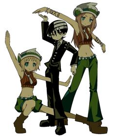 three anime characters are posing together for the camera with their arms up in the air