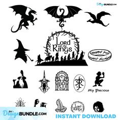 the lord's rings logo is shown in black and white, as well as other logos