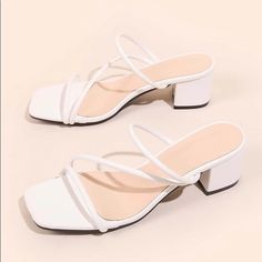 New, Never Worn (Just Tried On). Chunky ~2 Inch Heel. True White, Pairs Well With Everything. White Sandal, Shein Shoes, White Sandals Heels, 2 Inch Heels, Mule Sandals, Shein Style, Heeled Sandals, Womens Heels, Strappy Sandals